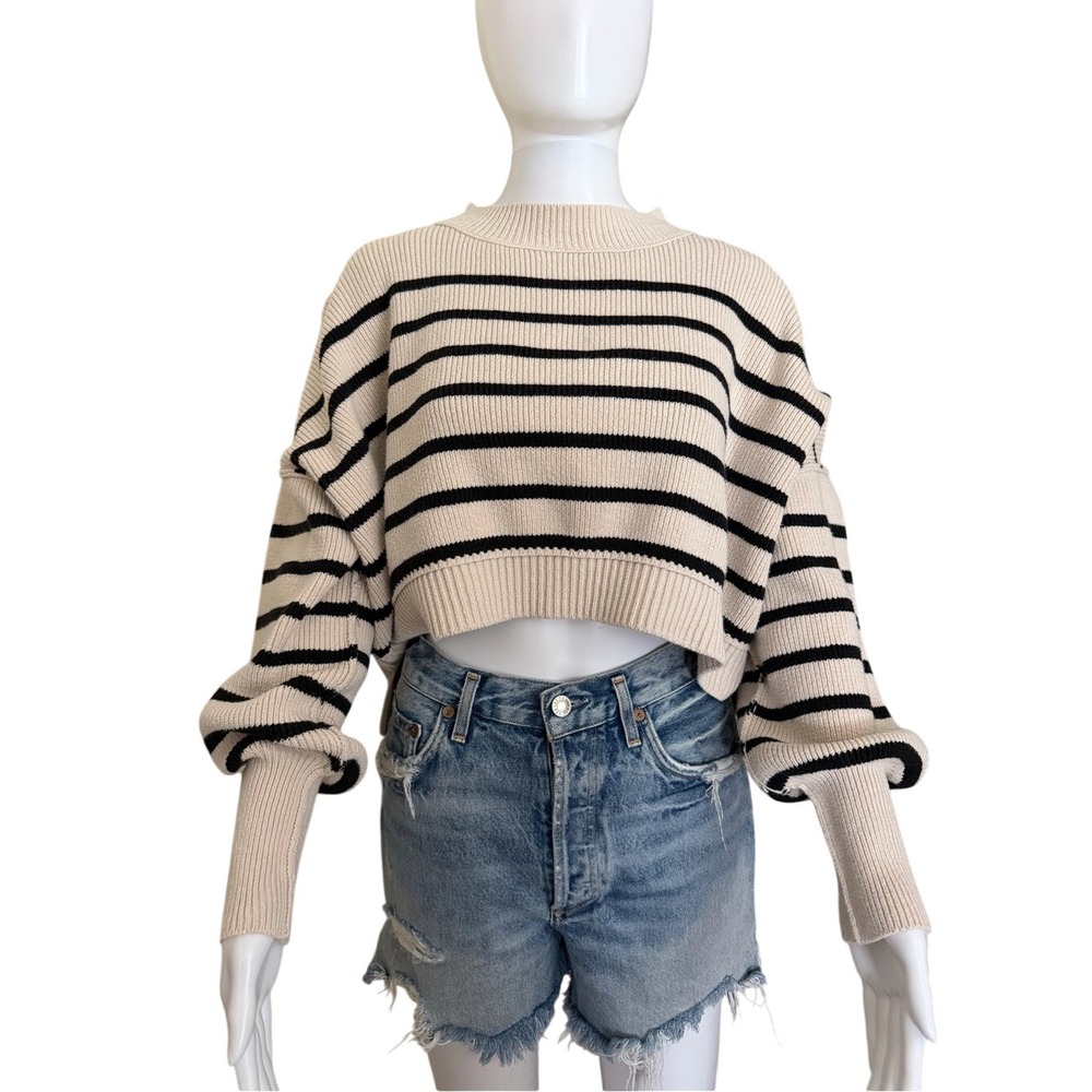 Free People Stripe Easy Street Crop Relaxed Fit Pullover Sweater Small